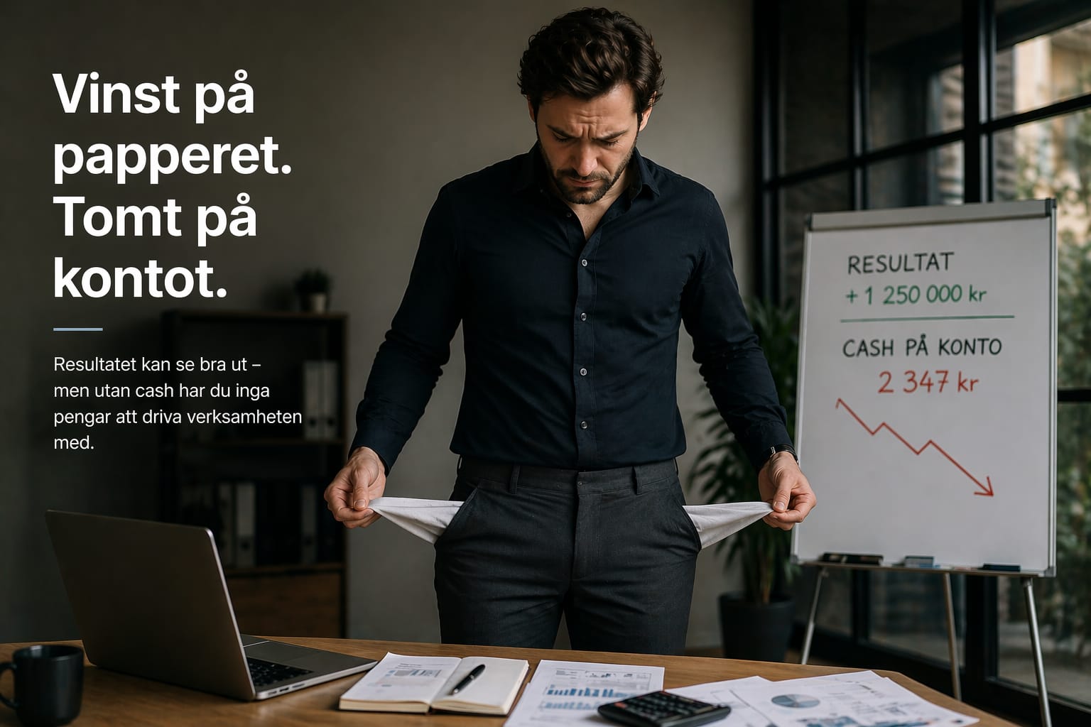 Affärsman visar tomma pickor - vinst på pappret men tomt på kontot